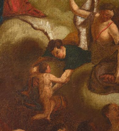 Zdjęcie nr 12: Obraz w kształcie stojącego prostokąta z przedstawieniem Matki Boskiej jako orędowniczki dusz cierpiących w czyśćcu. Kompozycja wieloplanowa, u góry i nieco w tle Maria, zwrócona nieznacznie w prawo, pochylająca się w przód, klęczy przed ukrzyżowanym Jezusem. Spogląda na syna, prawą rękę składa na piersi, lewą wyciąga w jego stronę. Jest ubrana w czerwoną suknię i granatowy płaszcz opadający daleko w tył, na głowie ma biały welon, którego koniec rozwiewa się za jej plecami; nad głową ma biały nimb w formie okręgu. Chrystus jest przybity do krzyża trzeba gwoździami – ręce powyżej głowy, nogi ugięte w kolanach, prawa nad lewą. Głowa opada mu na pierś, ciało jest wychudzone, o silnie podkreślonej anatomii, jego biodra otacza krótkie, białe perizonium, którego koniec rozwiewa się w prawą stronę. Scena rozgrywa się na skłębionych obłokach, tłem jest ciemnożółte niebo przechodzące w błękit w lewym, górnym rogu. Poniżej i bliżej widza rozgrywa się dynamiczna scena, w której dwóch aniołów wyciąga z czyśćca dusze. Anioł  po prawej stronie spogląda w dół, prawą rękę unosi ku górze, lewą łapie za nadgarstek stojącego poniżej mężczyznę. Dolną część jego ciała otacza ciemnofioletowy płaszcz,  pierś ma przepasaną cienką, czerwoną szarfą; za nim rozwiewa się brązowa tkanina. Drugi anioł leży i obiema rękami trzyma nagie dziecko, które unoszone łapie go za ramiona i zwraca się w jego stroną. Anioł ma krótkie, brązowe włosy  i granatową suknię. Poniżej, w dolnej części przedstawienia widoczny szereg nagich postaci, które otaczają czerwone, wysokie płomienie. Od lewej widoczny starzec o ciemnoszarych włosach i długiej brodzie, który lewą rękę wyciąga ku górze, obok niego kobieta o długich, brązowych włosach, która spogląda w dół przez lewy bark i prawą ręką trzyma się za głowę, dalej muskularny mężczyzna który sięga w jej stronę. Obok niego wspomniany mężczyzna wyciągany za nadgarstek przez anioła, a za nim, po obu stronach słabo widoczne dorosłe postacie. 