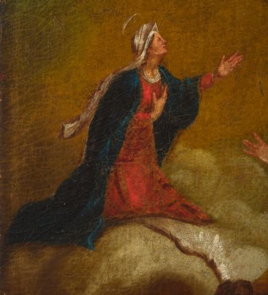 Zdjęcie nr 13: Obraz w kształcie stojącego prostokąta z przedstawieniem Matki Boskiej jako orędowniczki dusz cierpiących w czyśćcu. Kompozycja wieloplanowa, u góry i nieco w tle Maria, zwrócona nieznacznie w prawo, pochylająca się w przód, klęczy przed ukrzyżowanym Jezusem. Spogląda na syna, prawą rękę składa na piersi, lewą wyciąga w jego stronę. Jest ubrana w czerwoną suknię i granatowy płaszcz opadający daleko w tył, na głowie ma biały welon, którego koniec rozwiewa się za jej plecami; nad głową ma biały nimb w formie okręgu. Chrystus jest przybity do krzyża trzeba gwoździami – ręce powyżej głowy, nogi ugięte w kolanach, prawa nad lewą. Głowa opada mu na pierś, ciało jest wychudzone, o silnie podkreślonej anatomii, jego biodra otacza krótkie, białe perizonium, którego koniec rozwiewa się w prawą stronę. Scena rozgrywa się na skłębionych obłokach, tłem jest ciemnożółte niebo przechodzące w błękit w lewym, górnym rogu. Poniżej i bliżej widza rozgrywa się dynamiczna scena, w której dwóch aniołów wyciąga z czyśćca dusze. Anioł  po prawej stronie spogląda w dół, prawą rękę unosi ku górze, lewą łapie za nadgarstek stojącego poniżej mężczyznę. Dolną część jego ciała otacza ciemnofioletowy płaszcz,  pierś ma przepasaną cienką, czerwoną szarfą; za nim rozwiewa się brązowa tkanina. Drugi anioł leży i obiema rękami trzyma nagie dziecko, które unoszone łapie go za ramiona i zwraca się w jego stroną. Anioł ma krótkie, brązowe włosy  i granatową suknię. Poniżej, w dolnej części przedstawienia widoczny szereg nagich postaci, które otaczają czerwone, wysokie płomienie. Od lewej widoczny starzec o ciemnoszarych włosach i długiej brodzie, który lewą rękę wyciąga ku górze, obok niego kobieta o długich, brązowych włosach, która spogląda w dół przez lewy bark i prawą ręką trzyma się za głowę, dalej muskularny mężczyzna który sięga w jej stronę. Obok niego wspomniany mężczyzna wyciągany za nadgarstek przez anioła, a za nim, po obu stronach słabo widoczne dorosłe postacie. 