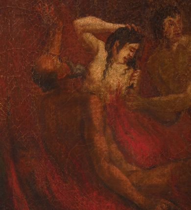 Zdjęcie nr 16: Obraz w kształcie stojącego prostokąta z przedstawieniem Matki Boskiej jako orędowniczki dusz cierpiących w czyśćcu. Kompozycja wieloplanowa, u góry i nieco w tle Maria, zwrócona nieznacznie w prawo, pochylająca się w przód, klęczy przed ukrzyżowanym Jezusem. Spogląda na syna, prawą rękę składa na piersi, lewą wyciąga w jego stronę. Jest ubrana w czerwoną suknię i granatowy płaszcz opadający daleko w tył, na głowie ma biały welon, którego koniec rozwiewa się za jej plecami; nad głową ma biały nimb w formie okręgu. Chrystus jest przybity do krzyża trzeba gwoździami – ręce powyżej głowy, nogi ugięte w kolanach, prawa nad lewą. Głowa opada mu na pierś, ciało jest wychudzone, o silnie podkreślonej anatomii, jego biodra otacza krótkie, białe perizonium, którego koniec rozwiewa się w prawą stronę. Scena rozgrywa się na skłębionych obłokach, tłem jest ciemnożółte niebo przechodzące w błękit w lewym, górnym rogu. Poniżej i bliżej widza rozgrywa się dynamiczna scena, w której dwóch aniołów wyciąga z czyśćca dusze. Anioł  po prawej stronie spogląda w dół, prawą rękę unosi ku górze, lewą łapie za nadgarstek stojącego poniżej mężczyznę. Dolną część jego ciała otacza ciemnofioletowy płaszcz,  pierś ma przepasaną cienką, czerwoną szarfą; za nim rozwiewa się brązowa tkanina. Drugi anioł leży i obiema rękami trzyma nagie dziecko, które unoszone łapie go za ramiona i zwraca się w jego stroną. Anioł ma krótkie, brązowe włosy  i granatową suknię. Poniżej, w dolnej części przedstawienia widoczny szereg nagich postaci, które otaczają czerwone, wysokie płomienie. Od lewej widoczny starzec o ciemnoszarych włosach i długiej brodzie, który lewą rękę wyciąga ku górze, obok niego kobieta o długich, brązowych włosach, która spogląda w dół przez lewy bark i prawą ręką trzyma się za głowę, dalej muskularny mężczyzna który sięga w jej stronę. Obok niego wspomniany mężczyzna wyciągany za nadgarstek przez anioła, a za nim, po obu stronach słabo widoczne dorosłe postacie. 