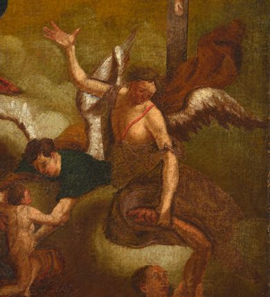 Zdjęcie nr 3: Obraz w kształcie stojącego prostokąta z przedstawieniem Matki Boskiej jako orędowniczki dusz cierpiących w czyśćcu. Kompozycja wieloplanowa, u góry i nieco w tle Maria, zwrócona nieznacznie w prawo, pochylająca się w przód, klęczy przed ukrzyżowanym Jezusem. Spogląda na syna, prawą rękę składa na piersi, lewą wyciąga w jego stronę. Jest ubrana w czerwoną suknię i granatowy płaszcz opadający daleko w tył, na głowie ma biały welon, którego koniec rozwiewa się za jej plecami; nad głową ma biały nimb w formie okręgu. Chrystus jest przybity do krzyża trzeba gwoździami – ręce powyżej głowy, nogi ugięte w kolanach, prawa nad lewą. Głowa opada mu na pierś, ciało jest wychudzone, o silnie podkreślonej anatomii, jego biodra otacza krótkie, białe perizonium, którego koniec rozwiewa się w prawą stronę. Scena rozgrywa się na skłębionych obłokach, tłem jest ciemnożółte niebo przechodzące w błękit w lewym, górnym rogu. Poniżej i bliżej widza rozgrywa się dynamiczna scena, w której dwóch aniołów wyciąga z czyśćca dusze. Anioł  po prawej stronie spogląda w dół, prawą rękę unosi ku górze, lewą łapie za nadgarstek stojącego poniżej mężczyznę. Dolną część jego ciała otacza ciemnofioletowy płaszcz,  pierś ma przepasaną cienką, czerwoną szarfą; za nim rozwiewa się brązowa tkanina. Drugi anioł leży i obiema rękami trzyma nagie dziecko, które unoszone łapie go za ramiona i zwraca się w jego stroną. Anioł ma krótkie, brązowe włosy  i granatową suknię. Poniżej, w dolnej części przedstawienia widoczny szereg nagich postaci, które otaczają czerwone, wysokie płomienie. Od lewej widoczny starzec o ciemnoszarych włosach i długiej brodzie, który lewą rękę wyciąga ku górze, obok niego kobieta o długich, brązowych włosach, która spogląda w dół przez lewy bark i prawą ręką trzyma się za głowę, dalej muskularny mężczyzna który sięga w jej stronę. Obok niego wspomniany mężczyzna wyciągany za nadgarstek przez anioła, a za nim, po obu stronach słabo widoczne dorosłe postacie. 