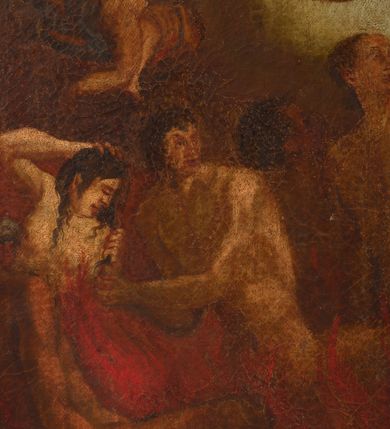 Zdjęcie nr 22: Obraz w kształcie stojącego prostokąta z przedstawieniem Matki Boskiej jako orędowniczki dusz cierpiących w czyśćcu. Kompozycja wieloplanowa, u góry i nieco w tle Maria, zwrócona nieznacznie w prawo, pochylająca się w przód, klęczy przed ukrzyżowanym Jezusem. Spogląda na syna, prawą rękę składa na piersi, lewą wyciąga w jego stronę. Jest ubrana w czerwoną suknię i granatowy płaszcz opadający daleko w tył, na głowie ma biały welon, którego koniec rozwiewa się za jej plecami; nad głową ma biały nimb w formie okręgu. Chrystus jest przybity do krzyża trzeba gwoździami – ręce powyżej głowy, nogi ugięte w kolanach, prawa nad lewą. Głowa opada mu na pierś, ciało jest wychudzone, o silnie podkreślonej anatomii, jego biodra otacza krótkie, białe perizonium, którego koniec rozwiewa się w prawą stronę. Scena rozgrywa się na skłębionych obłokach, tłem jest ciemnożółte niebo przechodzące w błękit w lewym, górnym rogu. Poniżej i bliżej widza rozgrywa się dynamiczna scena, w której dwóch aniołów wyciąga z czyśćca dusze. Anioł  po prawej stronie spogląda w dół, prawą rękę unosi ku górze, lewą łapie za nadgarstek stojącego poniżej mężczyznę. Dolną część jego ciała otacza ciemnofioletowy płaszcz,  pierś ma przepasaną cienką, czerwoną szarfą; za nim rozwiewa się brązowa tkanina. Drugi anioł leży i obiema rękami trzyma nagie dziecko, które unoszone łapie go za ramiona i zwraca się w jego stroną. Anioł ma krótkie, brązowe włosy  i granatową suknię. Poniżej, w dolnej części przedstawienia widoczny szereg nagich postaci, które otaczają czerwone, wysokie płomienie. Od lewej widoczny starzec o ciemnoszarych włosach i długiej brodzie, który lewą rękę wyciąga ku górze, obok niego kobieta o długich, brązowych włosach, która spogląda w dół przez lewy bark i prawą ręką trzyma się za głowę, dalej muskularny mężczyzna który sięga w jej stronę. Obok niego wspomniany mężczyzna wyciągany za nadgarstek przez anioła, a za nim, po obu stronach słabo widoczne dorosłe postacie. 