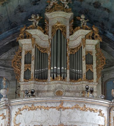 Zdjęcie nr 1: Szafa organowa architektoniczna, pięcioosiowa, na podwójnym cokole, o wklęsło-wypukłym licu. Osie wydzielone lizenami. Środkowa na planie wypukłym, najwyższa, zamknięta niepełnym belkowaniem, z gzymsem przybierającym kształt łuku segmentowego nadwieszonego oraz prześwitem na piszczałki w formie stojącego prostokąta. Dwie osie wewnętrzne wklęsłe, niższe, zamknięte niepełnym belkowaniem przyjmującym esowaty zarys; z prześwitami na piszczałki w formie zbliżonej do stojącego prostokąta o wklęsłym górnym boku. Dwie osie zewnętrzne najniższe, zamknięte niepełnym belkowaniem z podwójnymi prześwitami na piszczałki w formie stojącego prostokąta. Cokół o fantazyjnym, wklęsło-wypukłym zarysie, dekorowany pośrodku muszlą. Szafa dekorowana ażurowym rocaille'm w partii prześwitów na piszczałki, lizen, uszu, szczytów na belkowaniu. Ponadto na dekoracji gzymsu siedzą cztery muzykujące putta. Szafa organowa w całości polichromowana na sposób imitujący marmoryzację w kolorze białym z szarym żyłkowaniem, ornamentyka złocona.